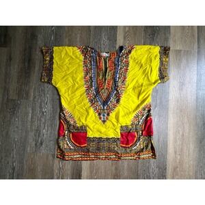 Lapogee Dashiki Tunic Top Unisex Large Yellow African Print V-Neck Pockets